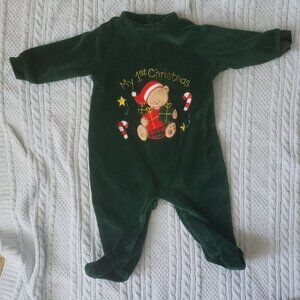 My 1st Christmas Babyrageous Green Velour Footed Bodysuit - size 9 Months - EUC